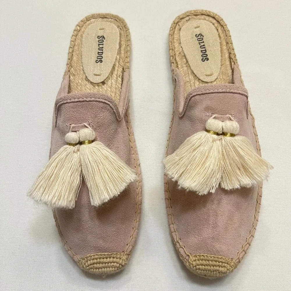 Soludos Blush Pink Boho Feminine Suede Venetian Tassel Mule Espadrille Size 10